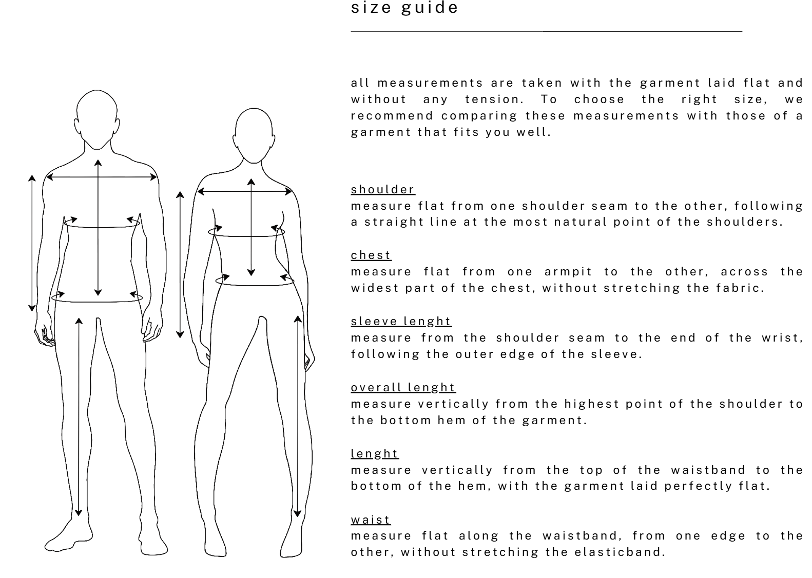 diagrams showing where to measure shoulders, chest, sleeves, body length, trouser length and waist